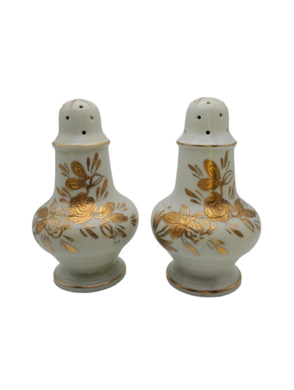 Vintage Porcelain Salt & Pepper Shakers White Gold Floral Roses Set of 2